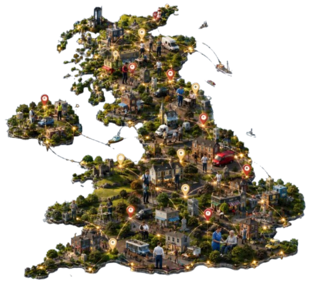Illustrated map of the United Kingdom with local businesses and services pinned across towns and postcode districts